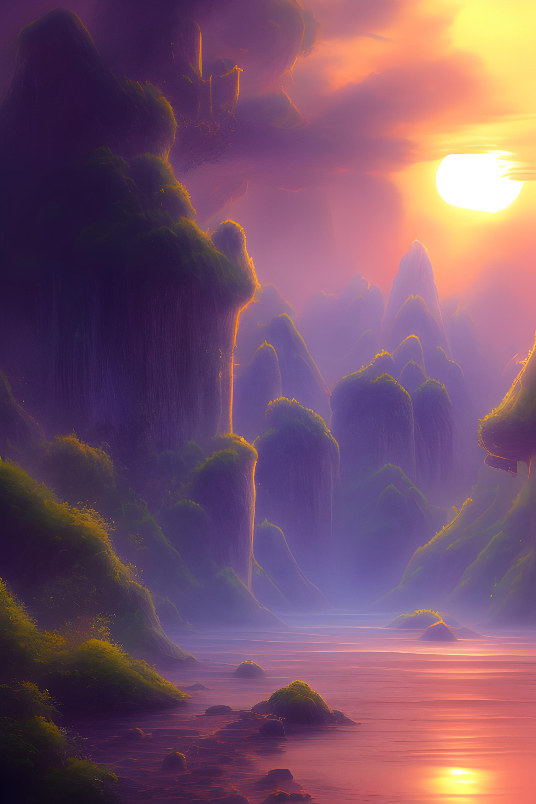 夕阳西下，紫色的云彩笼罩着宁静的山峦……